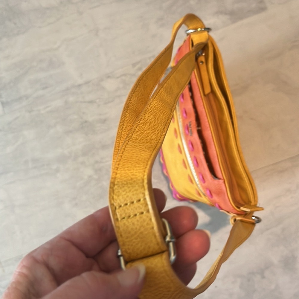 Kenzie  Crossbody or shoulder Bag  Bright pink, orange, goldenrod  10hx 12w x 3d - Picture 14 of 16